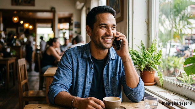 Une personne en caf� � la R�union utilise son smartphone pour passer des appels avec zeop