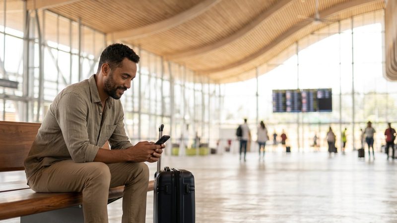 Homme assis dans un hall d&rsquo;a�roport avec sa valise, consultant son smartphone