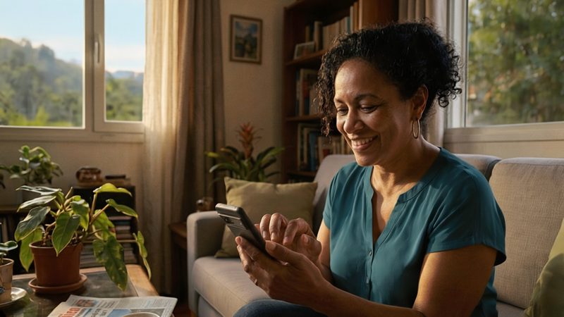 Femme utilisant son smartphone dans son salon