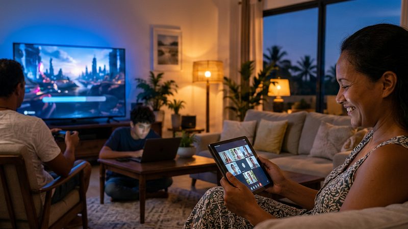 Famille dans le salon : jeu vid�o sur la TV, ordinateur portable et appel vid�o sur tablette en m�me temps